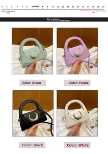 Detail view of mini handbags in four colors featuring a unique moon-shaped metal buckle