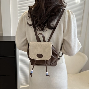 Vintage mini two-tone backpack in brown and cream with fashion patch and drawstring