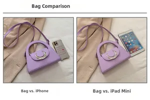 Detailed size comparison of purple crescent buckle handbag with smartphone and tablet