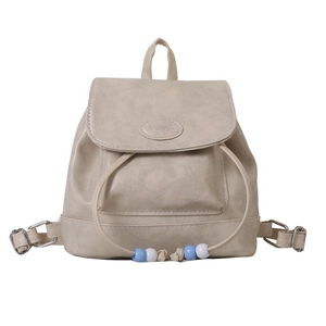 Vintage beige PU leather mini backpack with fashion lettering and beaded drawstring