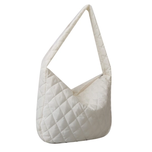 Chic off-white quilted puffer tote bag with diamond stitching and soft nylon texture