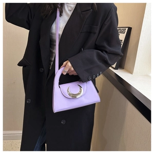 Lilac matte leather crescent buckle shoulder bag with silver hardware for women