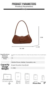 Detailed size chart for vintage solid color PU shoulder bag with product dimensions