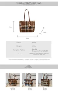Detailed view of checkered wool tote bag with plush bear charm and size specifications