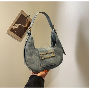 Retro denim saddle bag with golden metal buckle and adjustable shoulder strap