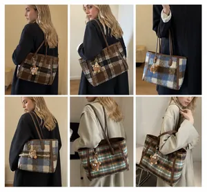 Collage showing different plaid patterns of large wool tote bags worn by a model