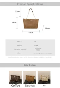 Detail view of large tote bag with vintage monogram print and golden chain handle