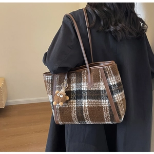 Vintage brown plaid wool tote bag with leather straps and cute monster charm