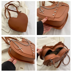 Detailed four-way view of brown heart-shaped crossbody bag with silver rivets and chain