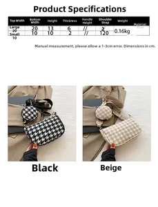 Size chart for the small and large houndstooth wool square crossbody bag with dimensions