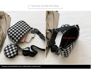 Detailed interior of houndstooth shoulder bag showing spacious storage and small round pouch