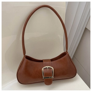 Women Baguette Bag PU Leather Vintage Underarm Shoulder Bag With Gold Buckle Minimalist French Style Retro Handbag