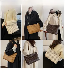Three colors of vintage clover print tote bags with gold chains shown on a model