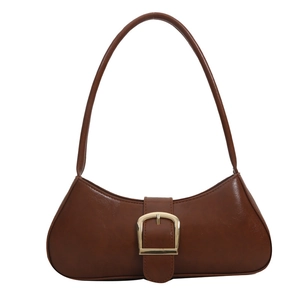 Vintage brown crescent underarm bag with minimalist belt buckle and gold metal hardware