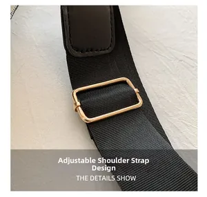 Detail of adjustable black woven strap with premium gold metal rectangular buckle hardware