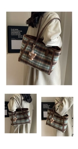 Detail of checkered woolen tote bag featuring a leather strap and cute bear charm