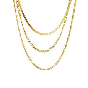 Three-layer gold stacked necklace set with flat snake chain and Figaro chain