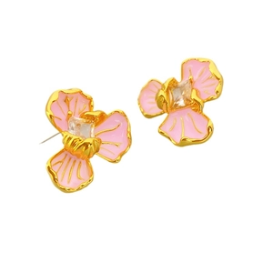 Elegant flower stud earrings with pink enamel petals and a clear square centerpiece