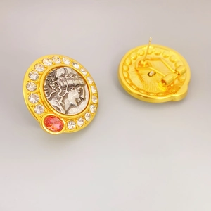 French retro gold coin earrings with portrait relief and sparkling crystal borders