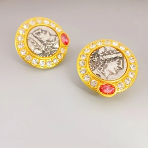 French vintage relief portrait earrings with crystal halo and red gemstone accents
