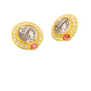 Vintage relief coin earrings with silver portrait, gold border and red crystal accent