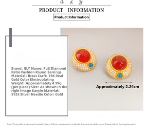 Detail view of retro round earrings with red agate, pavé crystals and size measurements