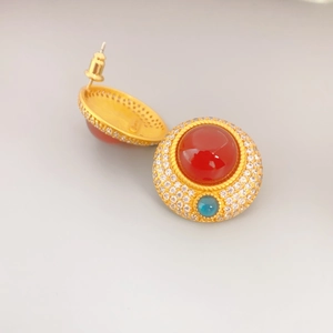 Vintage gold earrings with red agate, pavé crystals and emerald green stones
