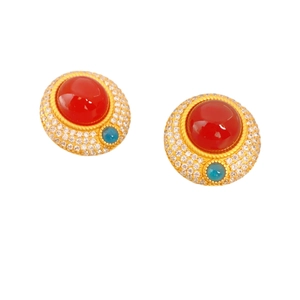 Vintage round stud earrings with red agate, turquoise stone and micro-pave crystals