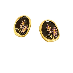 French vintage lavender enamel oval stud earrings with gold trim and black base