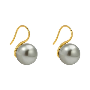 Elegant gold plated hook earrings featuring large metallic grey pearls on white background