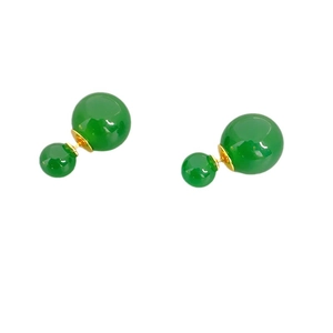 Elegant emerald green double-bead stud earrings with gold metal post on white background