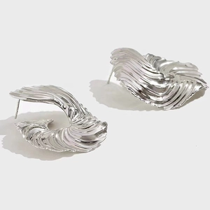 Irregular textured silver wavy hoop earrings with minimalist S925 sterling silver studs