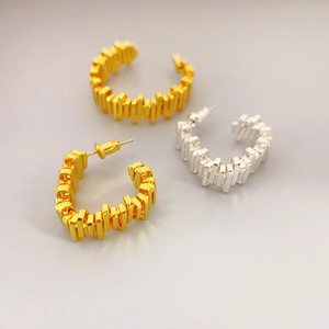 Geometric Hoop Earrings With 925 Sterling Silver Earring Post Irregular Sawtooth C-Shape Brass Gold Plated For Women