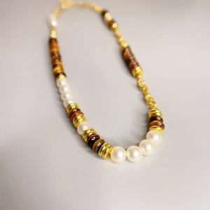 Vintage Beaded Necklace With Freshwater Pearl Tiger Eye Stone And Copper Beads Retro Fashion Accessories For Women