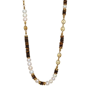 Vintage necklace with white pearls, golden coffee bean links and dark brown disc beads