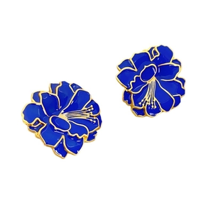 Vintage royal blue enamel flower earrings with gold plating in a minimalist floral design
