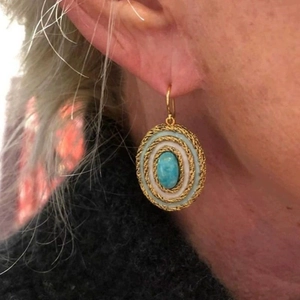 Boucles d'oreilles rétro françaises émaillées avec turquoise et détails dorés