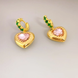 Heart Dangle Earrings Brass 18K Gold Plated Pink Heart Crystal Green Zircon Elegant Fashion Jewelry For Women