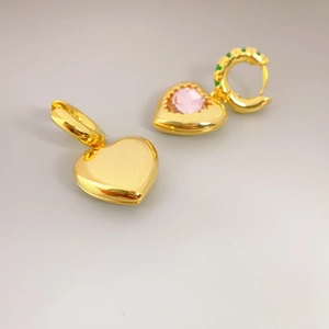 Golden heart drop earrings with pink crystals and green enamel details for women