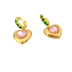 Luxurious gold heart earrings with pink crystal center and green gemstone accents