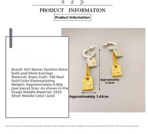 Detail view of two-tone rectangular earrings with dimensions and 18K gold plated texture