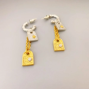 French vintage rectangular embossed earrings with silver and gold two-tone metal design