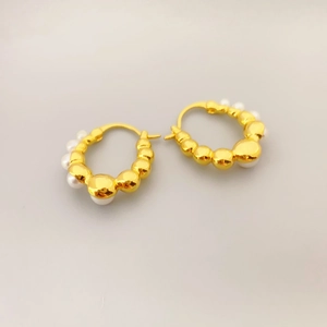 Elegant 18K gold plated hoop earrings with small white pearls and textured gold finish