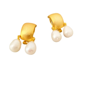 French vintage style earrings with gold brushed metal and hanging white teardrop pearls