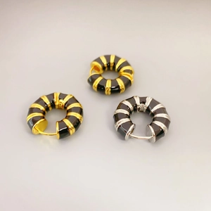 Créoles Vintage Chunky Laiton Plaqué Or 18K Émail Noir Bijoux Rétro Géométriques Pour Femmes