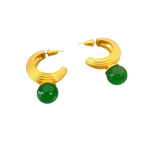 French style gold C-shape stud earrings with green chalcedony and fine texture