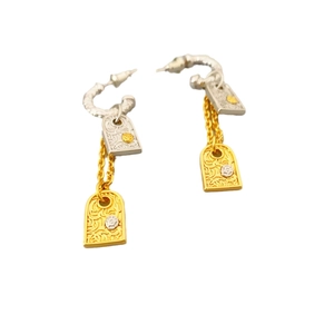 French retro gold and silver contrast drop earrings with hollow engraved rectangle plaques