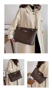 Detail of monogram tote bag with gold chain strap shown from multiple lifestyle angles