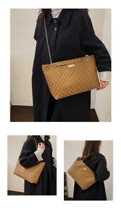 Three-way view of brown quilted tote bag with chain strap and vintage geometric pattern