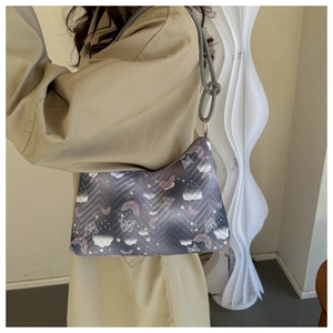 Detail of grey nylon shoulder bag featuring colorful butterfly patterns and V-quilting